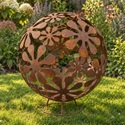Rustic metal flower sphere sculpture garden ornament decoration
