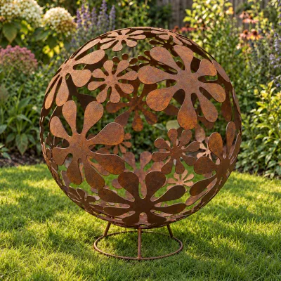 Rustic metal flower sphere sculpture garden ornament decoration