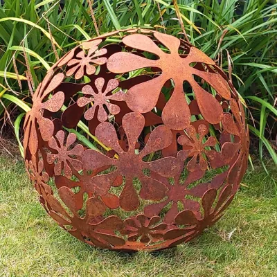 Rustic metal sculpture flower sphere garden ornament decoration