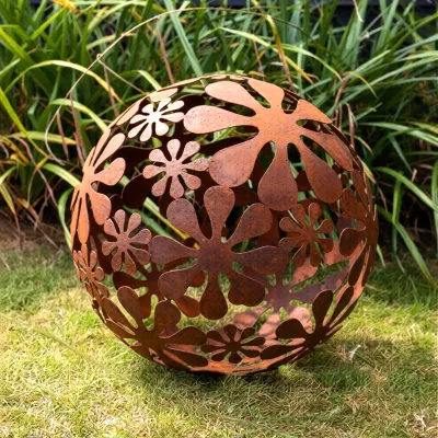 Rustic metal flower sphere sculpture garden ornament decoration