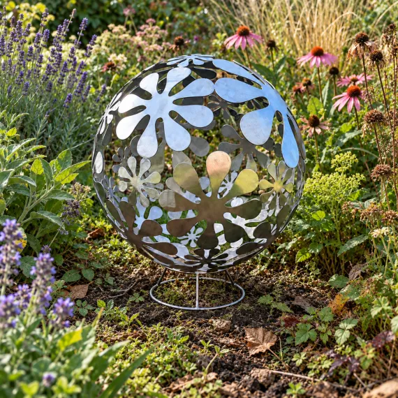 Rustic metal flower sphere sculpture garden ornament decoration