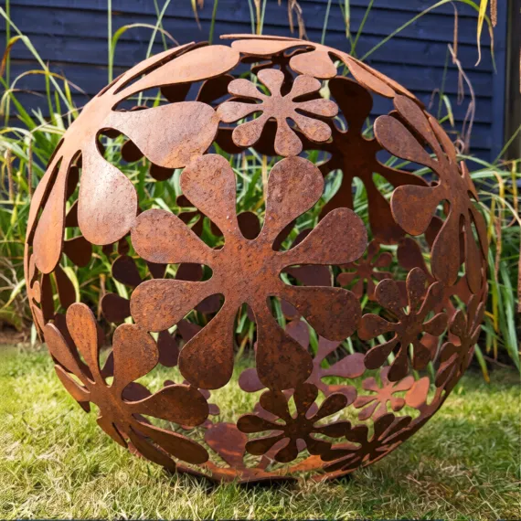 Rustic metal flower sphere sculpture garden ornament decoration