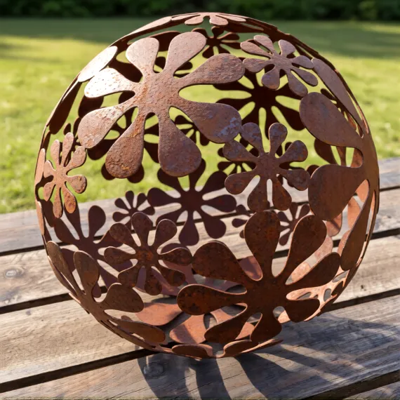Rustic metal flower sphere sculpture garden ornament decoration