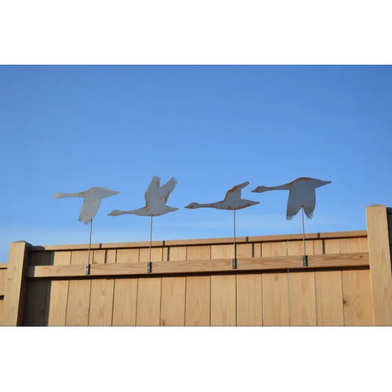 Rustic metal goose fence toppers – handcrafted garden decorations or quirky outdoor gifts for bird lovers